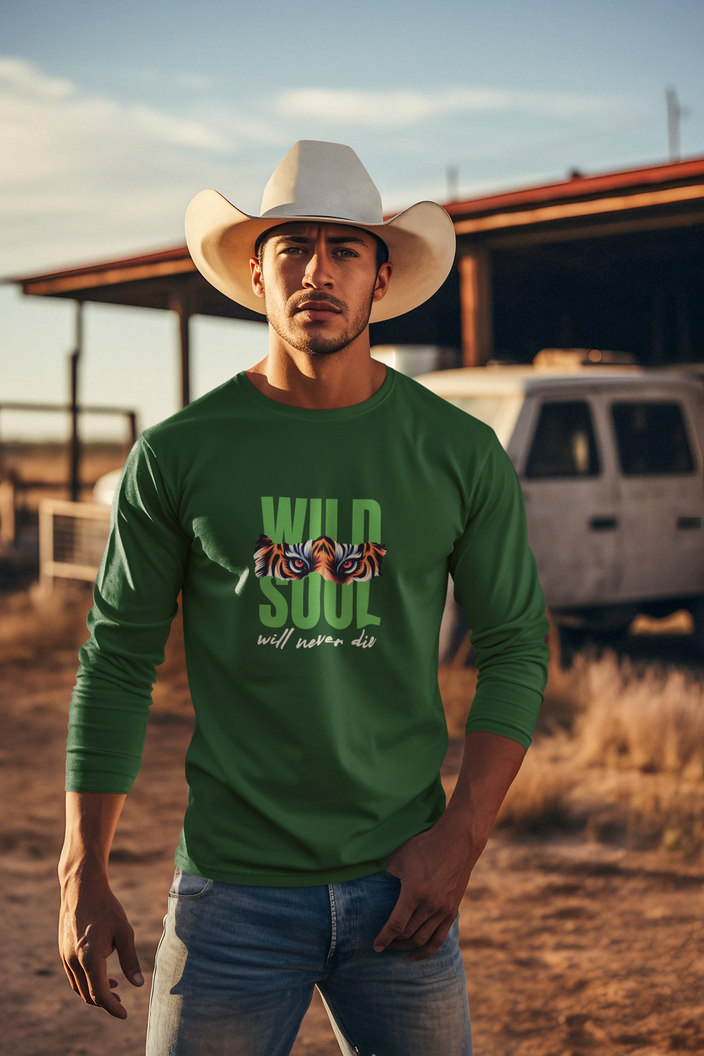 Man wearing a green shirt with 'Wild Soul' text in a desert setting